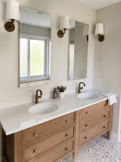 Double bathroom vanity in wood with white countertop