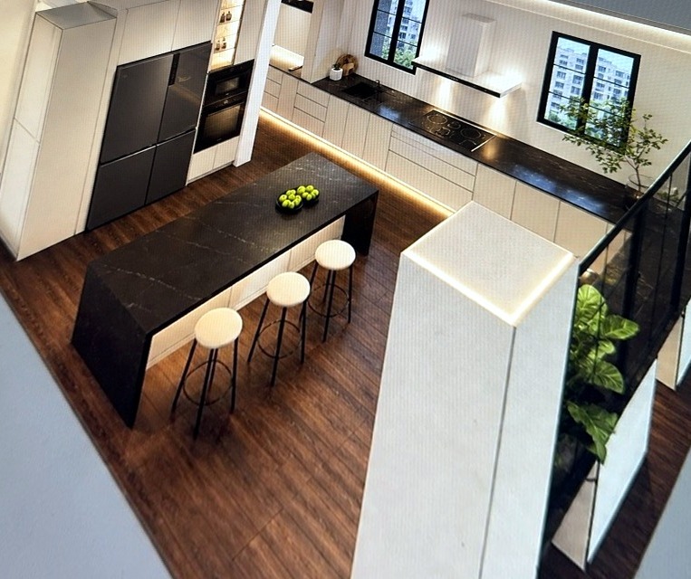 Modern kitchen with dark island and bar stools — 3D design render by TP Wood