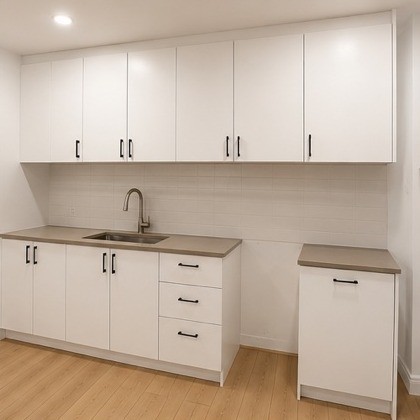 White kitchen cabinets with black handles
