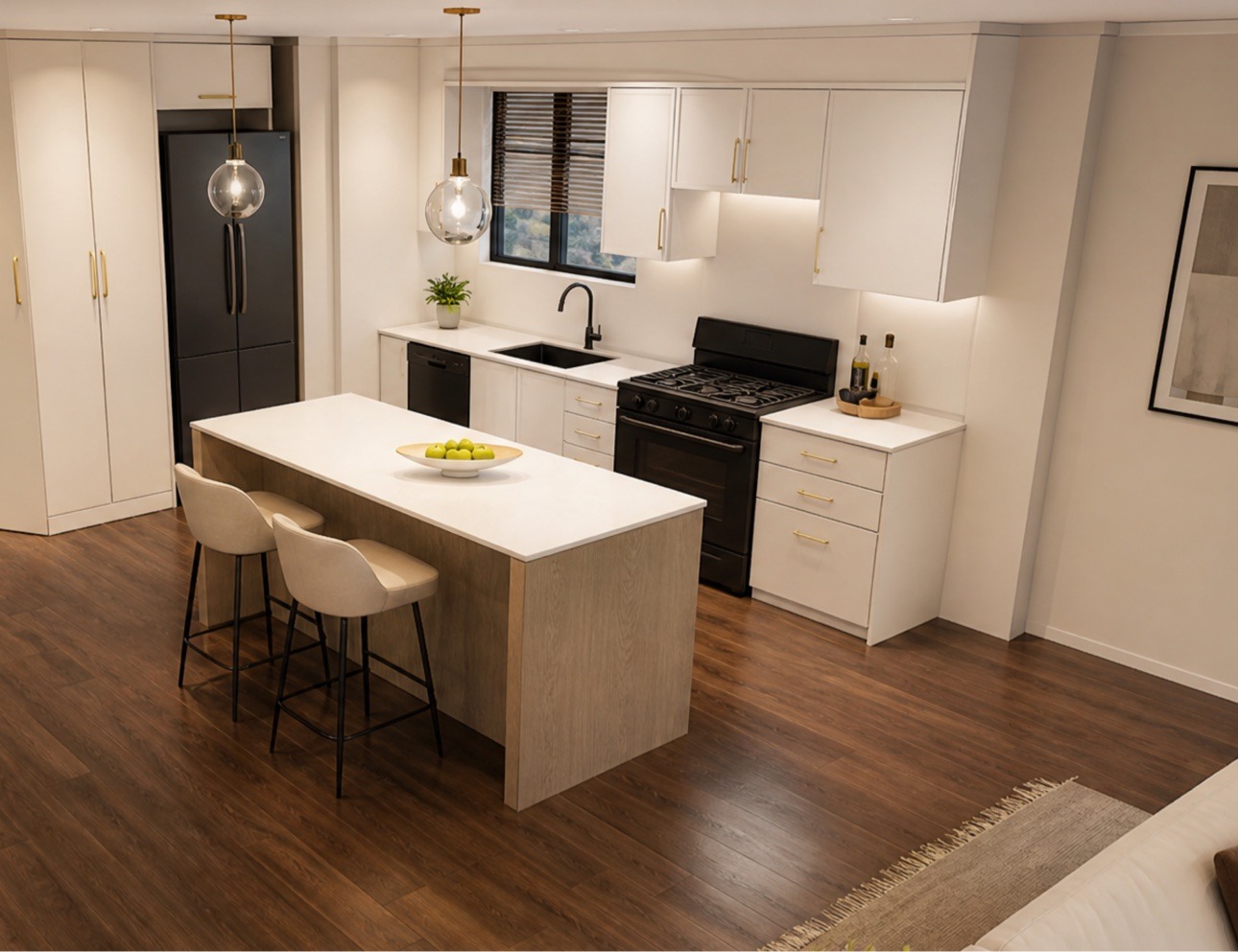 White kitchen with island and brass hardware — 3D design render by TP Wood