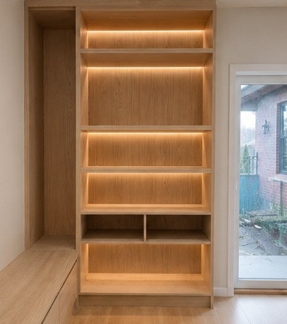 Wood bookshelf with LED-lit shelves